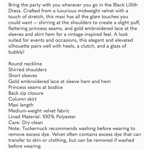 TUCKERNUCK Pomander Place Black Velvet Gold Lace Lillith Dress NWT Size Large - Picture 9 of 11